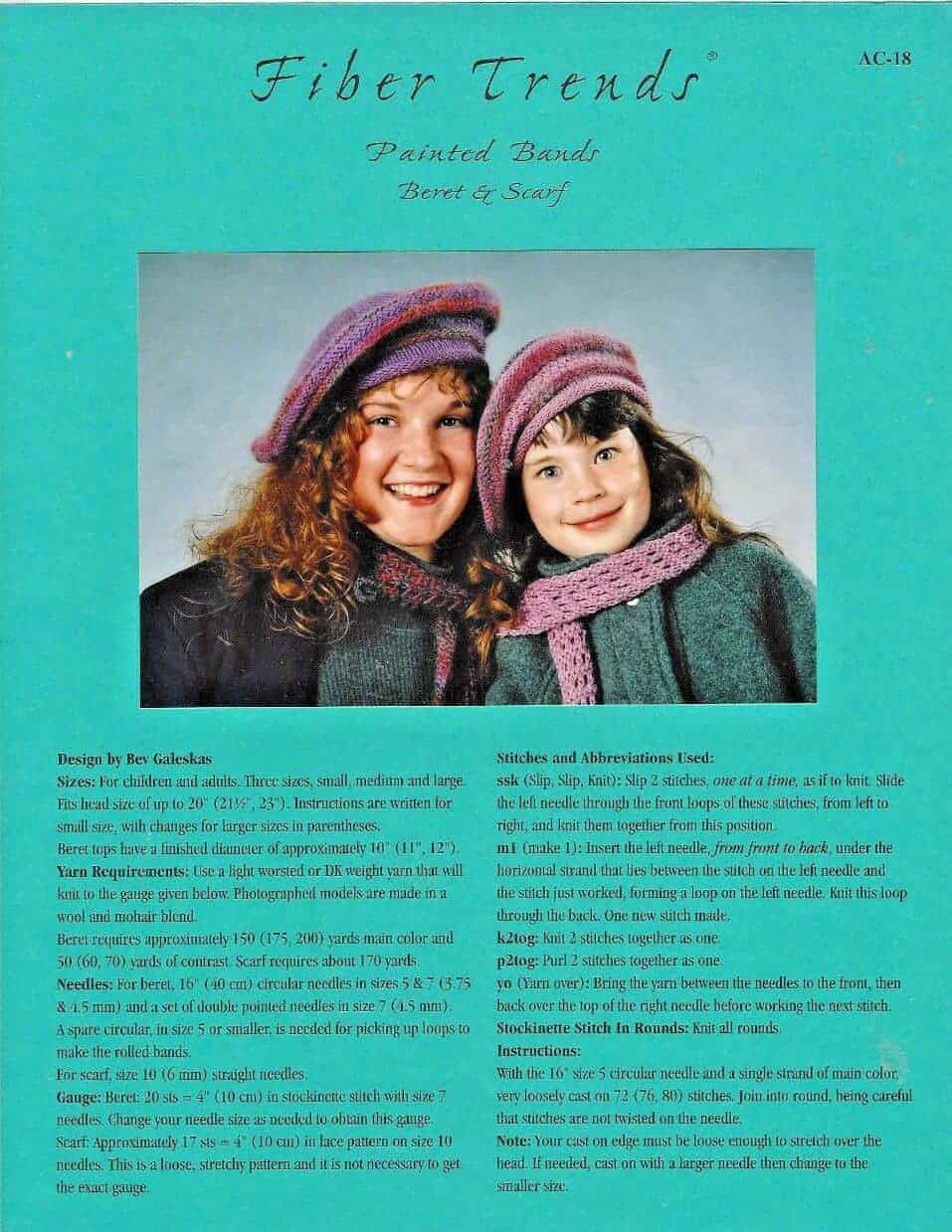 CUTE MATCHING BERET & SCARF to KNIT in DK or LT WORSTED WT YARN by FIBER TRENDS 